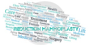 Reduction Mammoplasty typography word cloud create with the text only. Type of plastic surgery