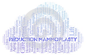 Reduction Mammoplasty typography word cloud create with the text only. Type of plastic surgery