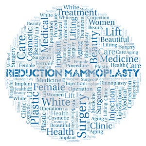 Reduction Mammoplasty typography word cloud create with the text only. Type of plastic surgery