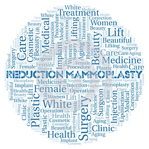 Reduction Mammoplasty typography word cloud create with the text only. Type of plastic surgery photo