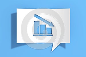 Reduction or Regress Graph Bars and Arrow Icon on Cutout White Paper Speech Bubble. 3d Rendering