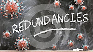 Redundancies and covid virus - pandemic turmoil and Redundancies pictured as corona viruses attacking a school blackboard with a photo