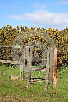 Redundant stile, old fence on countryside footpath