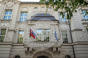 Reduta Building facade with the Flag of Slovakia - Slovak Philarmonic  - Bratislava, Slovakia