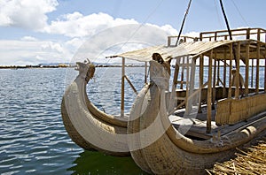 Reed boat in Lake Titicaca - Puno, Peru