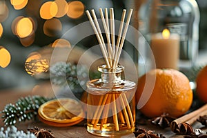 Reed Diffuser Bottle Next to Oranges and Cinnamons. Generative AI