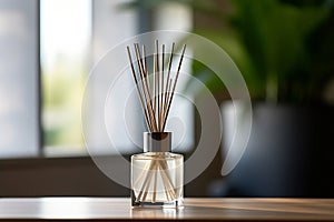reed diffuser and house plant aloe vera on wooden 1