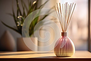 reed diffuser and house plant aloe vera on wooden 2