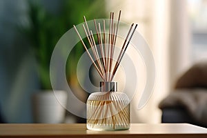 reed diffuser and house plant aloe vera on wooden 3