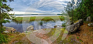 Reed and stones in blue fresh lake, Park Mon Repos, Vyborg, Russia