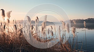 reedy plants on the shore of a lake in winter