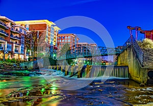 Reedy River and RiverPlace Bridge in Downtown Greenville, South photo