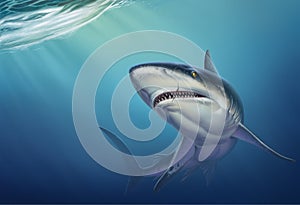 Reef shark on depth realistic background illustration.