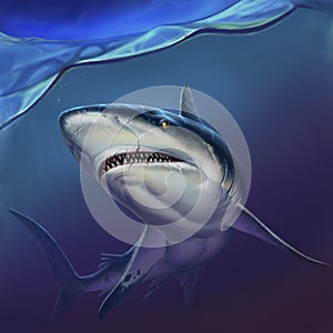 Reef shark on depth realistic background illustration.