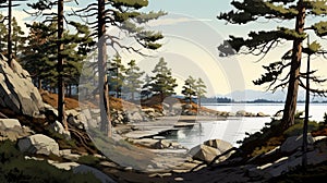 Reef Sketch: Tree-lined Shore With Rocks - Uhd Image photo