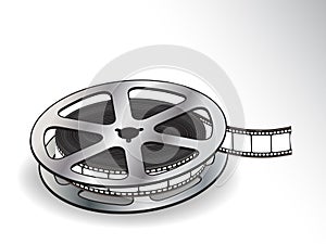 A reel of 35mm motion picture film on a white back