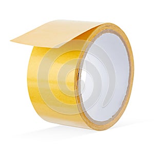 Reel of double-sided tape in a vertical position with the end of the tape detached, isolated on a white background.