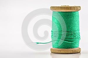 Reel or spool of green sewing thread on white. Shallow