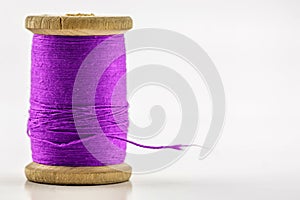 Reel or spool of violet sewing thread on white. Shallow