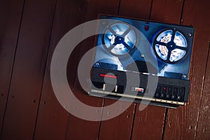 Reel to reel audio tape recorder with blue led light strip