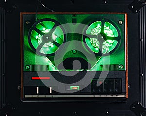 Reel to reel audio tape recorder with green led light strip