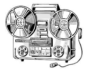 Reel-to-reel stereo tape recorder retro sketch, hand drawn in doodle style