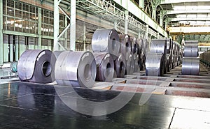 Reels of steel plate in shop