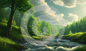 reen forest, the sun behind the clouds, a flowing river, Generative AI, Generative, AI