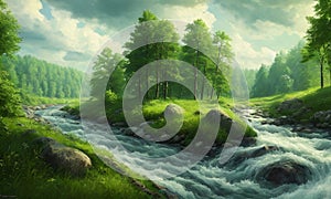 reen forest, the sun behind the clouds, a flowing river, Generative AI, Generative, AI