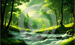 reen forest, the sun behind the clouds, a flowing river, Generative AI, Generative, AI