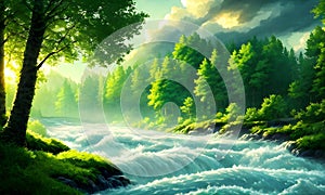 reen forest, the sun behind the clouds, a flowing river, Generative AI, Generative, AI