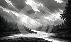 reen forest, the sun behind the clouds, a flowing river, Generative AI, Generative, AI