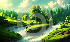 reen forest, the sun behind the clouds, a flowing river, Generative AI, Generative, AI