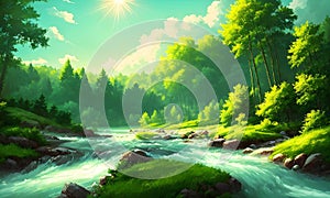 reen forest, the sun behind the clouds, a flowing river, Generative AI, Generative, AI