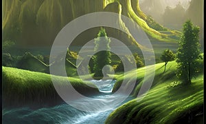 reen forest, the sun behind the clouds, a flowing river, Generative AI, Generative, AI