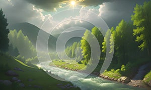 reen forest, the sun behind the clouds, a flowing river, Generative AI, Generative, AI