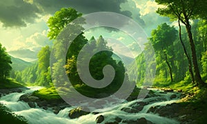 reen forest, the sun behind the clouds, a flowing river, Generative AI, Generative, AI