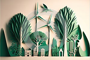 reen leaf image in the paper art style with trees, city building silhouettes. Generative AI