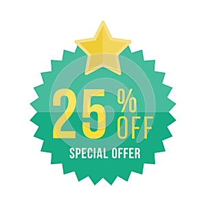 reen sticker and star with 25 off discount. Template of the emblem with special offer flat eps 10