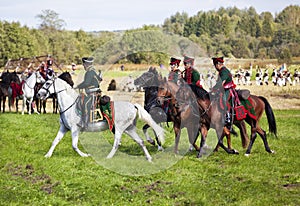 Reenactment of the Borodino battle between Russian and French armies in 1812