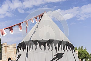 Reenactment, medieval tent of different colors with coats of arm