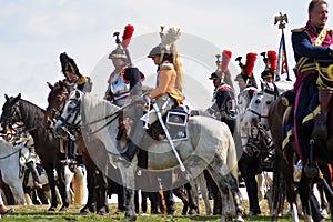 Reenactors dressed like French army soldiers at Borodino battle historical reenactment in Russia