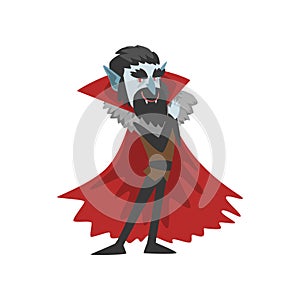 reepy Count Dracula character, vampire wearing in a red cape vector Illustration on a white background
