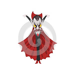 Reepy furious Count Dracula with burning eyes, vampire cartoon character wearing in a red cape vector Illustration on a