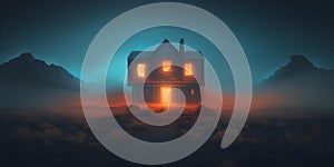 reepy old house with the windows and door illuminated by orange light in the middle of a barren valley photo