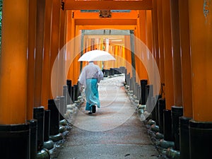 Red Torri Gates of Fushimi Inari Taisha with Priest