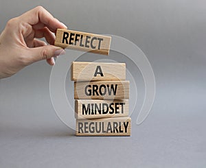 Refclect a grow mindset regularly symbol. Wooden blocks with words Refclect a grow mindset regularly. Businessman hand. Beautiful