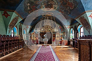Refectory with Savior-Transfiguraton Church of Vydubychi Monastery in Kyiv Ukraine