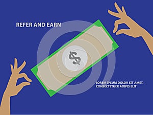 Refer and Earn Abstract Illustration of two Hands and USA dollars Currency Banknote. Referral Concept.