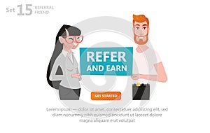 Refer and Earn Vector illustration of guy girl and bubble for you text.